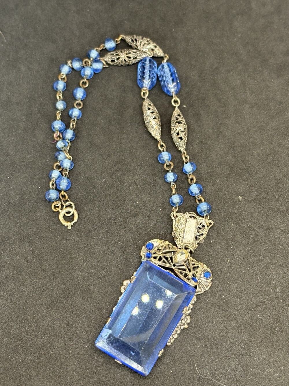 Rare Vtg Victorian Czech emerald cut Blue Beads Glass Stones Pendant Necklace